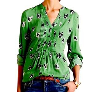 Maeve Anthropologie Composed Green 
Pintuck Button-down SZ 6 Frenchie/Bulldog